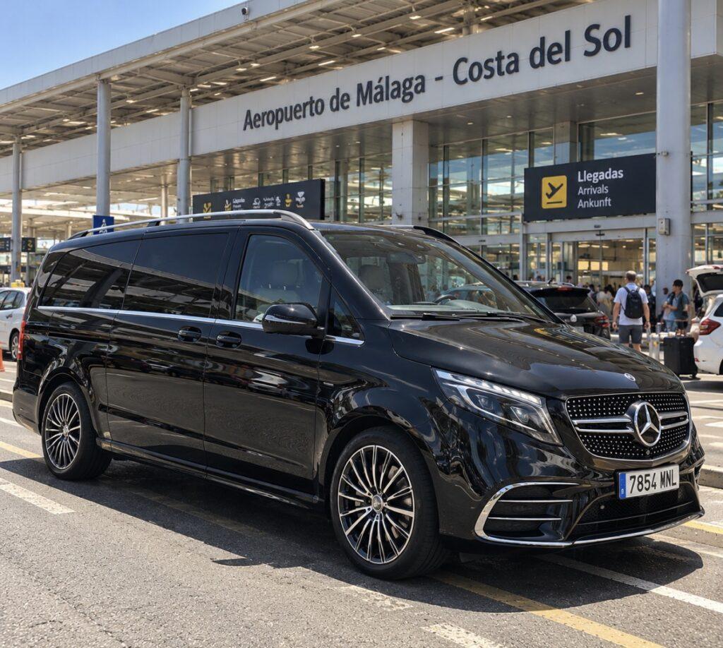 Black Mercedes-Benz V-Class outside the arrivals entrance at M&aacute;laga-Costa del Sol Airport.