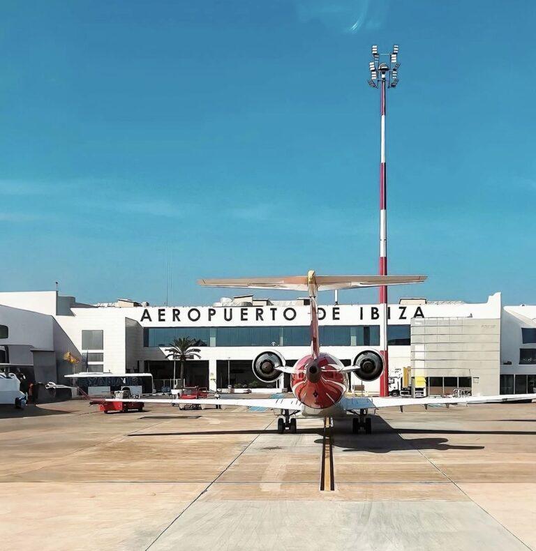 Private jet in front of the Ibiza Airport terminal.